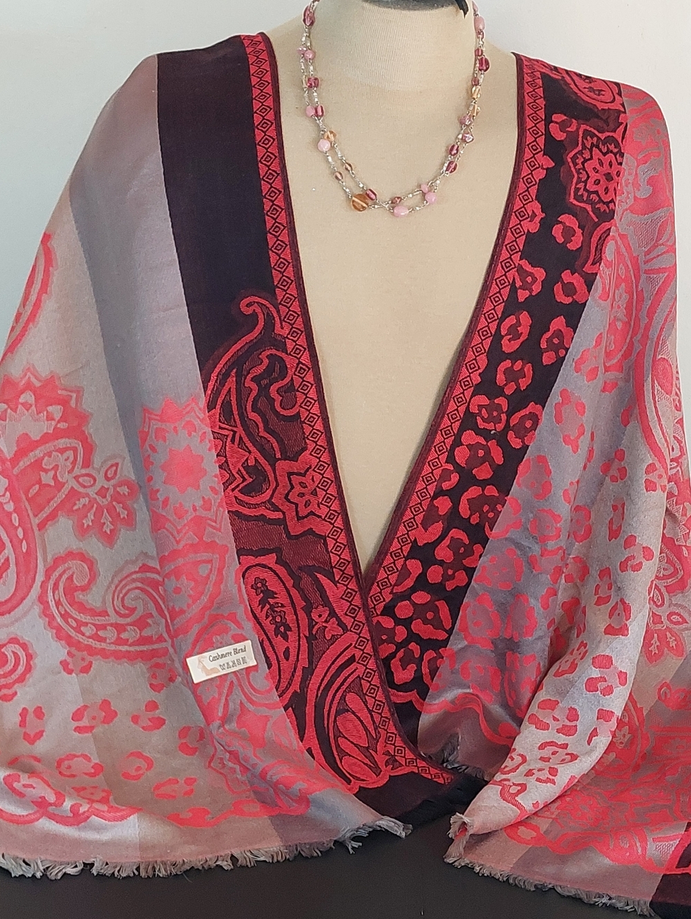 Black Red  Reversible Pashmina Scarf - Cashmere Blend